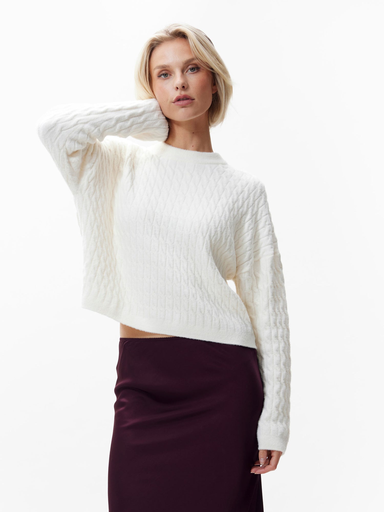 Relaxed fit soft cable knit Egret