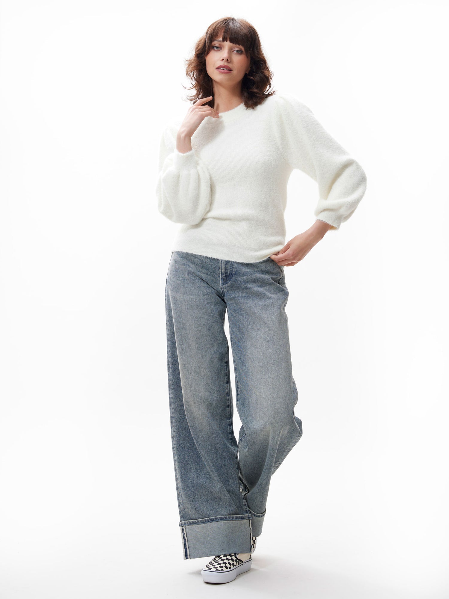 Fuzzy puff sleeve knit Off White