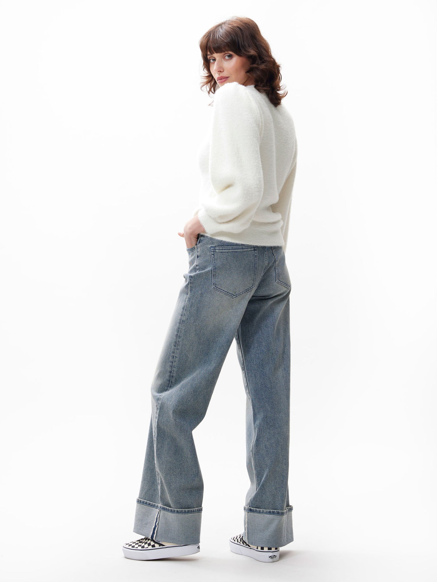 Fuzzy puff sleeve knit Off White