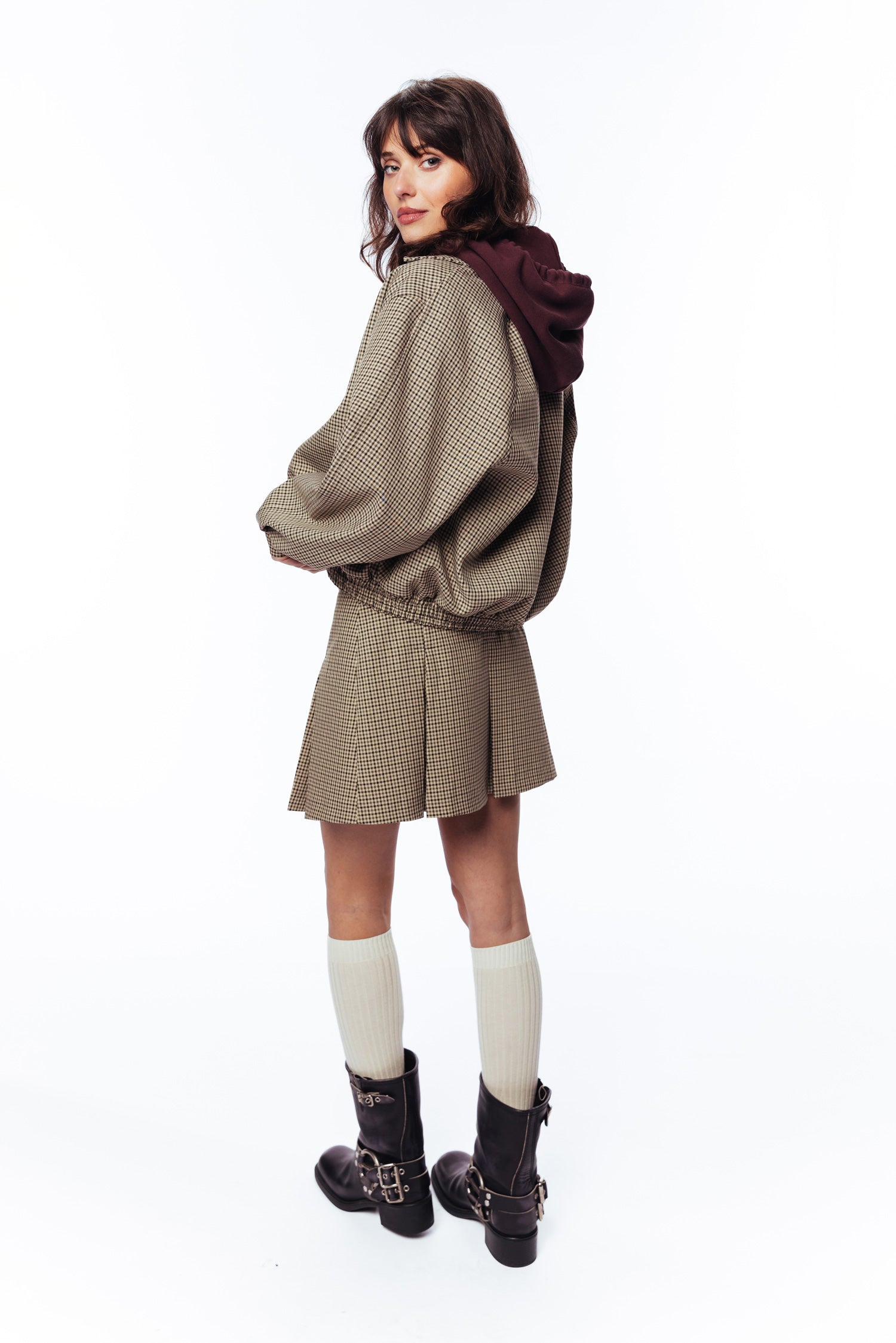 Pleated check skirt Brown