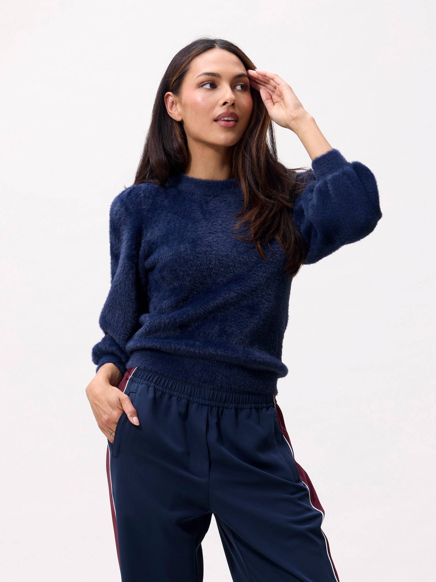 Fuzzy puff sleeve knit Navy Blazer