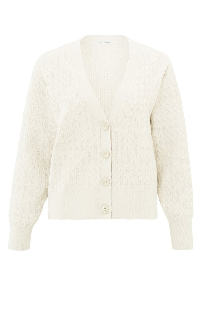 Gebreid vest met kabelpatroon en diepe V-hals Chalk White