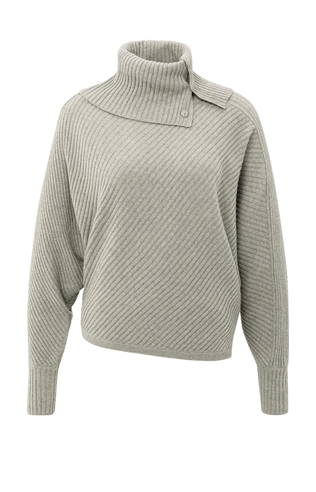 Gerippter Pullover mit Fledermausärmeln und hohem Kragen Brownish Grey Melange