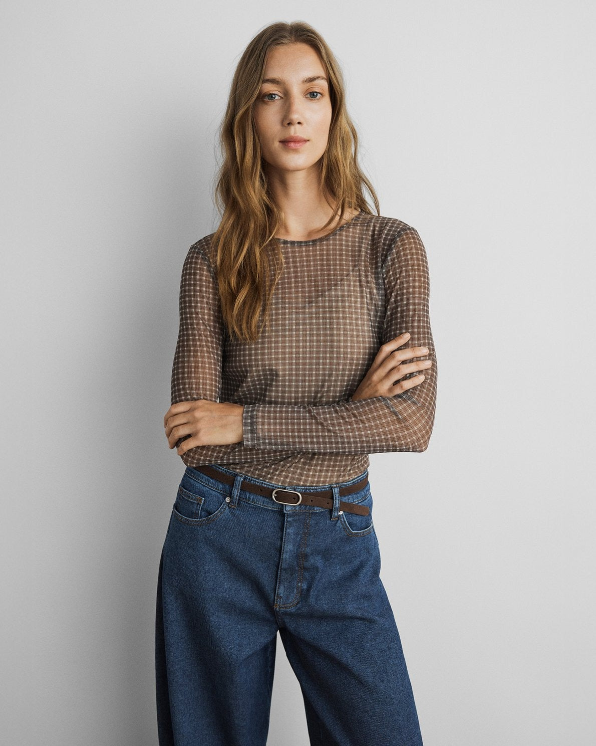 MSCHJanie Illenora Top AOP Dark Brown Check