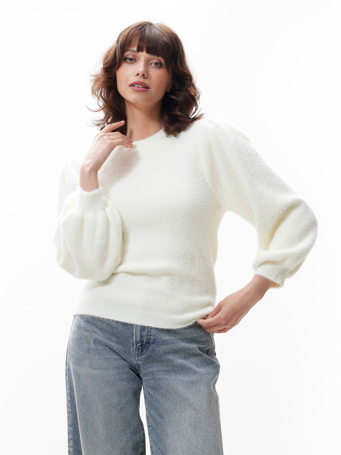 Fuzzy puff sleeve knit Off White