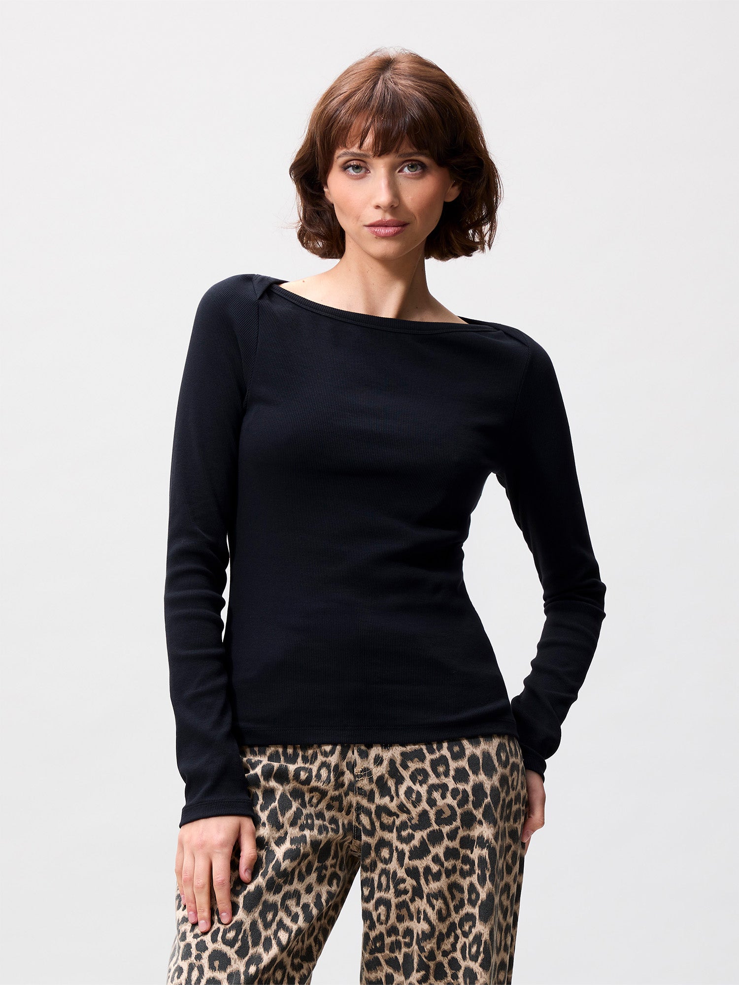 Boatneck rib trui met lange mouwen Zwart