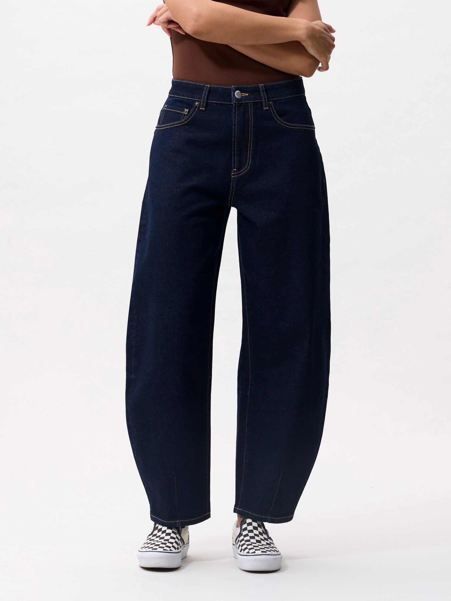 Cropped barrel fit jeans donkerblauw