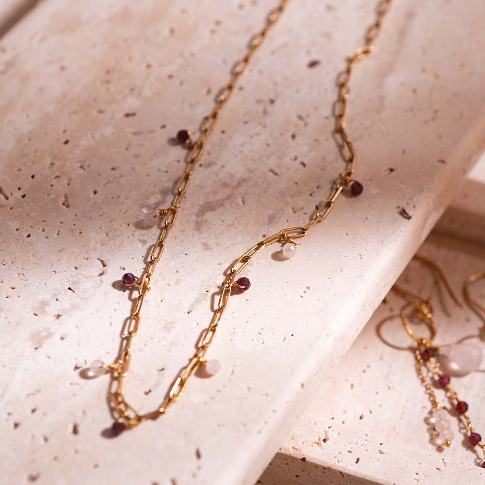Spontane Granaat Rozenkwarts Vergulde Ketting