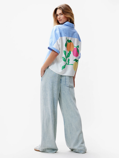 Short sleeve blouse with graphic Blue