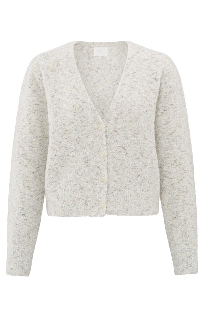 Bouclé-Cardigan mit V- Ausschnitt und Farbakzenten Off White