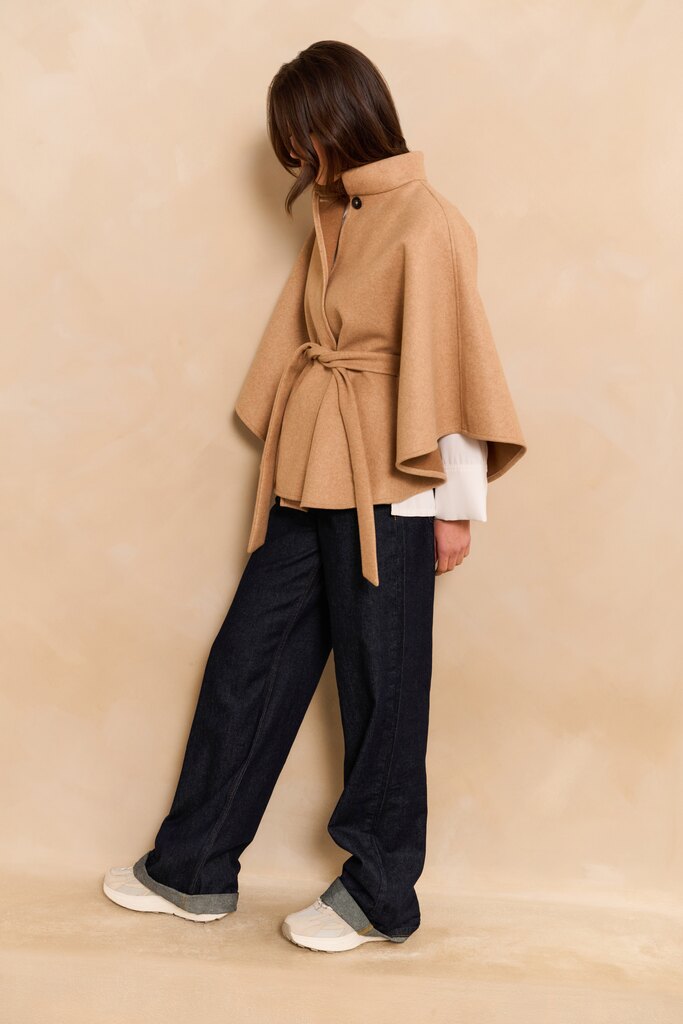 Soft woven poncho with collar and belt Light Camel Melange