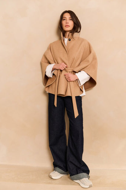 Soft woven poncho with collar and belt Light Camel Melange