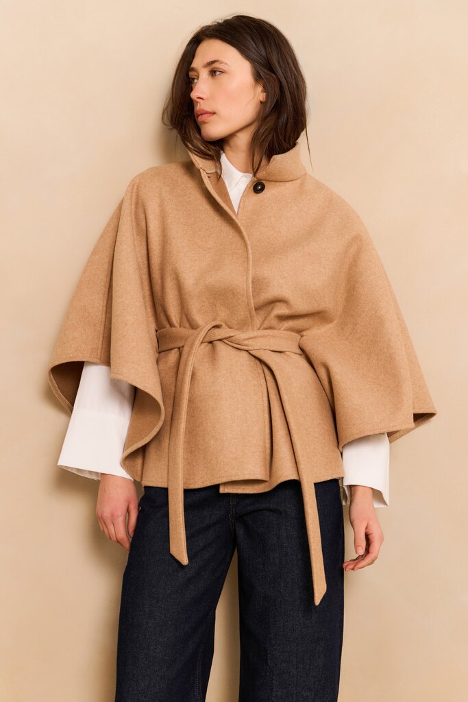 Soft woven poncho with collar and belt Light Camel Melange
