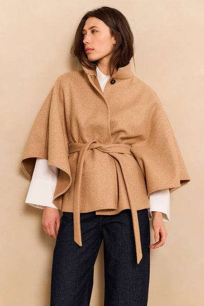 Soft woven poncho with collar and belt Light Camel Melange