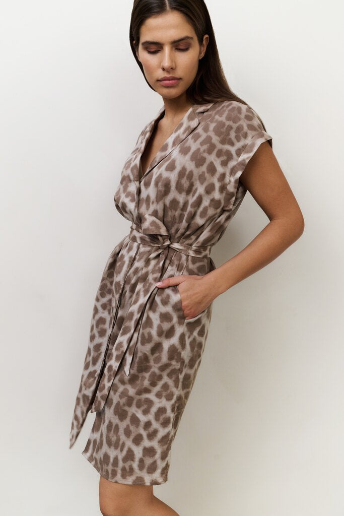Midikleid mit Leopardenmuster und Bindegürtel Milk Brown
