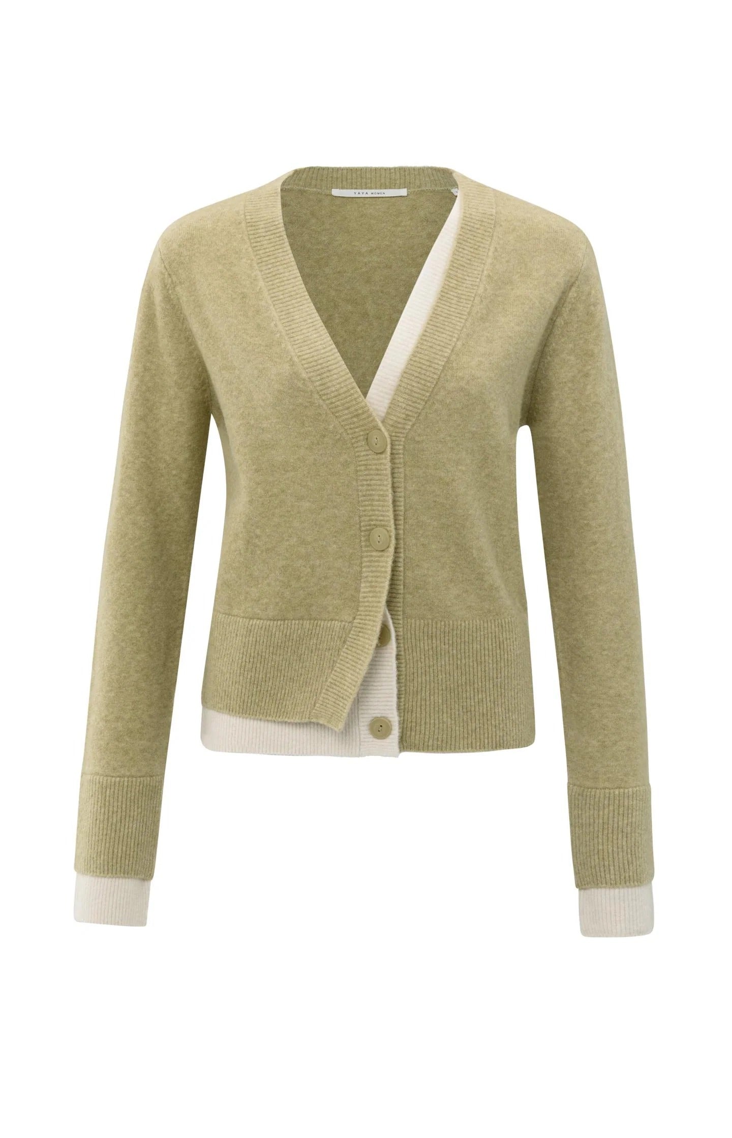 Cardigan met contrasterende details en V-hals Pale Olive Green Melange