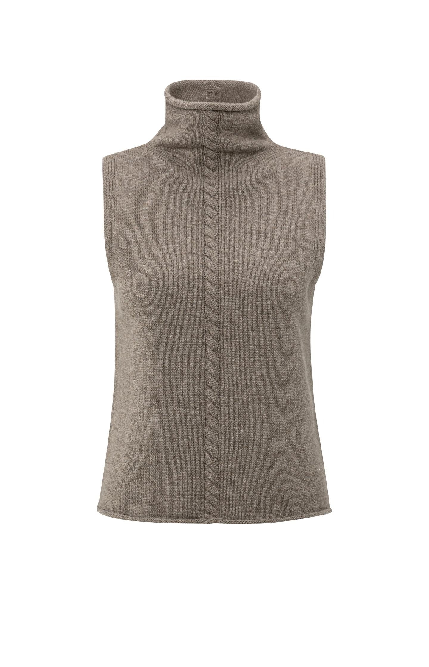 Mouwloze coltrui met kabeldetail Bruin Melange