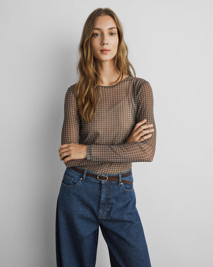 MSCHJanie Illenora Top AOP Dark Brown Check