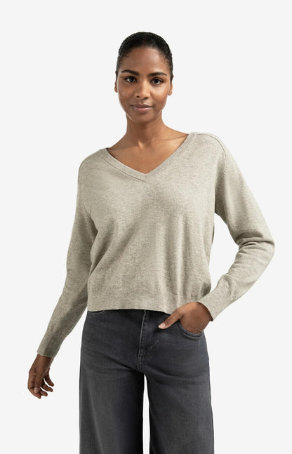 Pullover mit doppeltem V-Ausschnitt und Knopfdetail hinten Brownish Grey